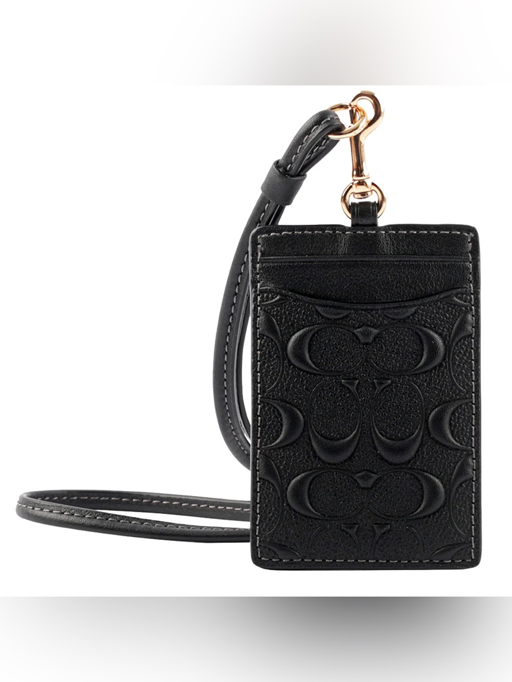Coach Black Embossed Leather Lanyard Card Holder with Gold Hardware